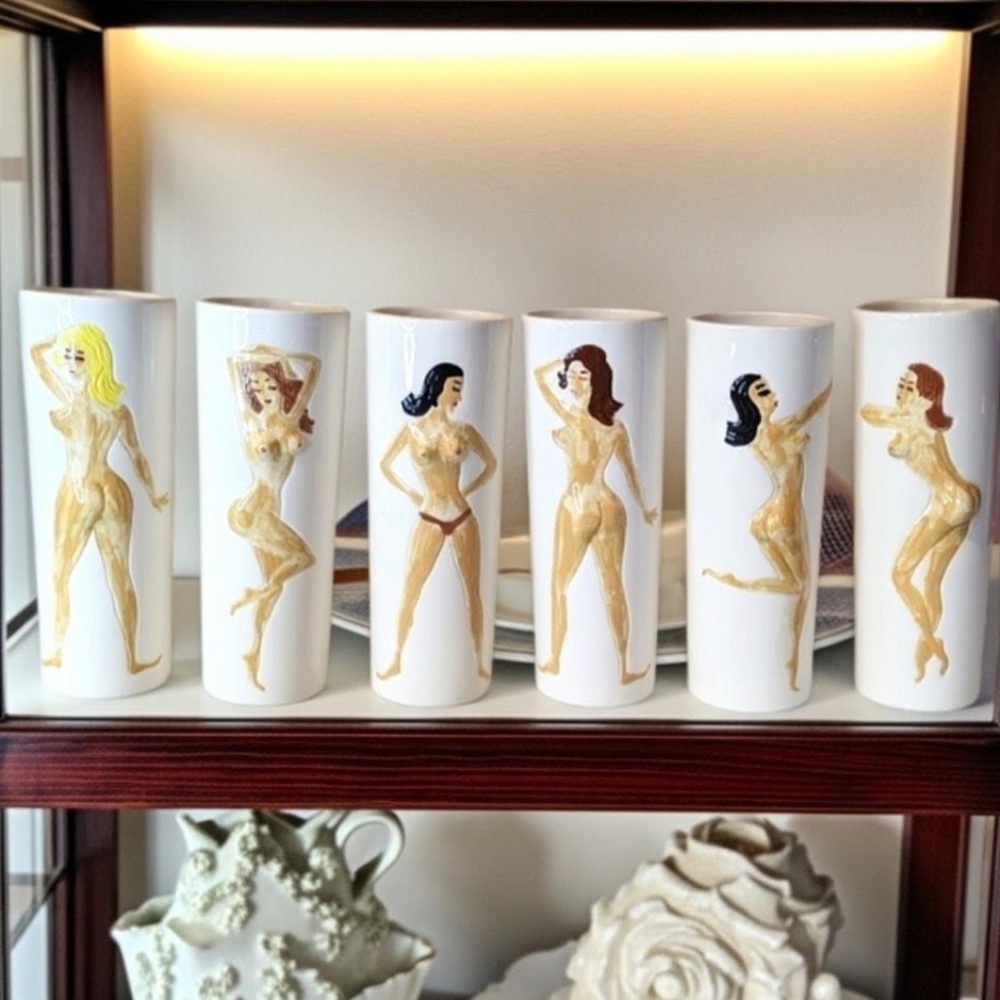 Retro Kitsch 6 Hand Painted Pinup Girls Ceramic Collins Glasses